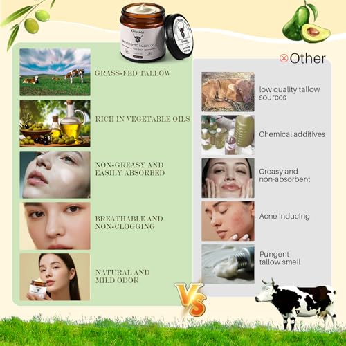 Beef Tallow for Skin, Tallow and Honey Cream, Whipped Organic Tallow Face Balm Moisturizer, Organic Grass-Fed Beef Tallow & Raw Wild Honey, 4 Oz Herb-Infused Unscented