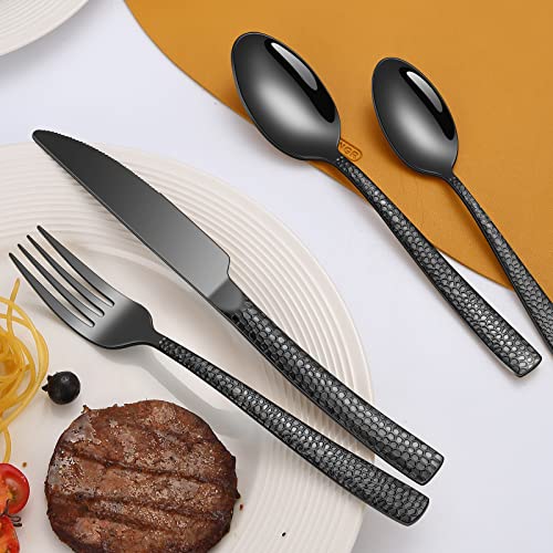 40-Piece Black Silverware Set - Stainless Steel Flatware for 8 with Hammered Handles