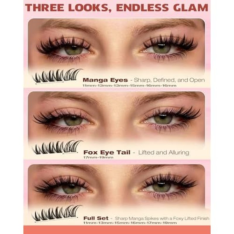 Geeneiya Manga Lash Clusters Kit, 11-19mm Fox Eye Lash Extension Kit, C Curl Left & Right Cat Eye Lashes, DIY Cluster Eyelash Extension Kit with Lash Bond and Seal Lash Tweezers for Beginners