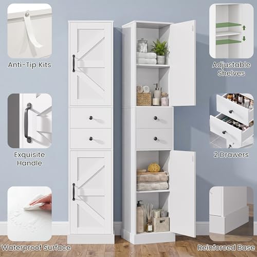 Tall Narrow Bathroom Storage Cabinet with 2 Doors & Drawers - White 11.8" W