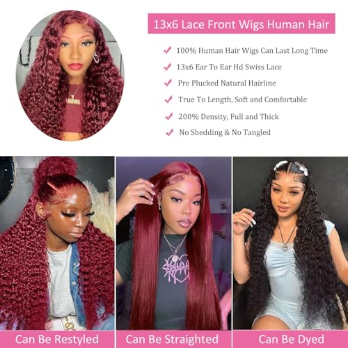 16 Inch Burgundy Human Hair Wigs Deep Wave Lace Front 13x6 Pre Plucked Natural Hairline