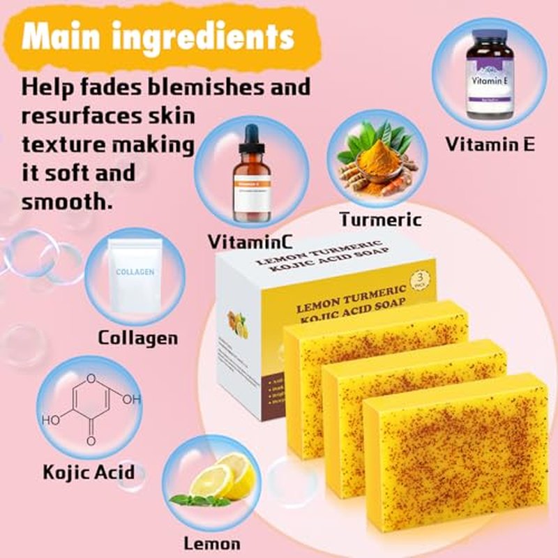 Kojic Soap Bar, Lemon Turmeric Soap Bar with Vitamin C for Dry Sensitive Skin, Turmeric Soap for Face, Body Hands 3 Bars
