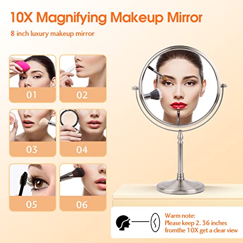 Makeup Mirror 8" Magnifying Mirror 1/10X Magnification, Large Table top Double-Sided Swivel Vanity Mirror Chrome Finish