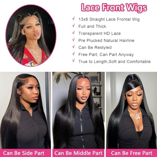 Black Lace Front Wig for Women - Pre Plucked, 13x6 HD Transparent Lace, 26 Inches, Variation: Black Wig