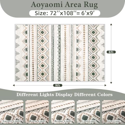 Large Washable 6x9 Boho Moroccan Area Rug with Geometric Pattern - Brown & Green, Non-Slip, Foldable for Living Room & Home
