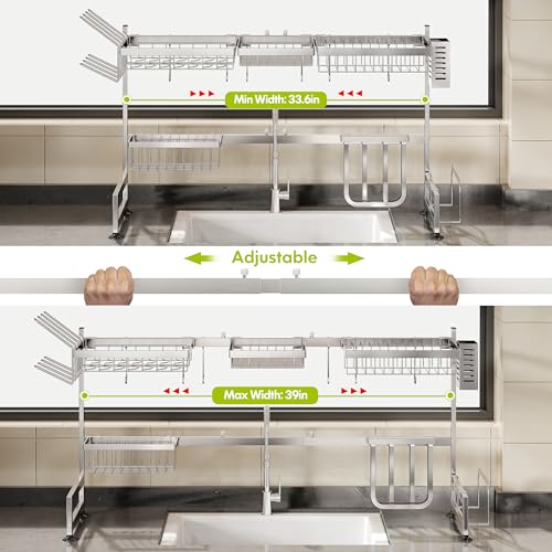 Over Sink Dish Drying Rack with Cup and Utensil Holder - Silver, 2 Tier, Adjustable Length