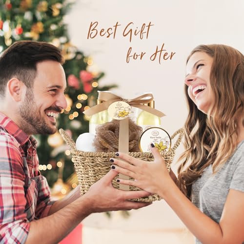 Bath & Body Gift Set, Warm Vanilla Sugar — 7pcs Gift Basket for Women (AriosoMonde)