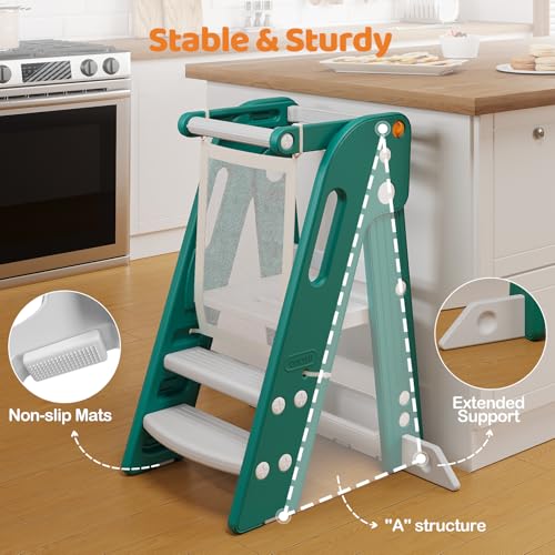 Toddler Standing Tower - Space-Saving, Adjustable Kitchen & Bathroom Step Stool - Green