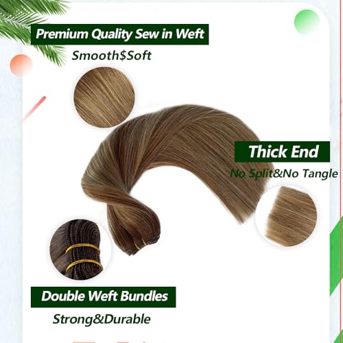 14 Inch Ombré Balayage Hair Extensions Double Weft Human Hair Sew In Bundles - Chestnut Brown to Ash Blonde