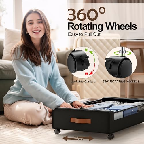 Under Bed Storage Containers with Wheels - 4 Pack, 60L, Black, Heavy-Duty