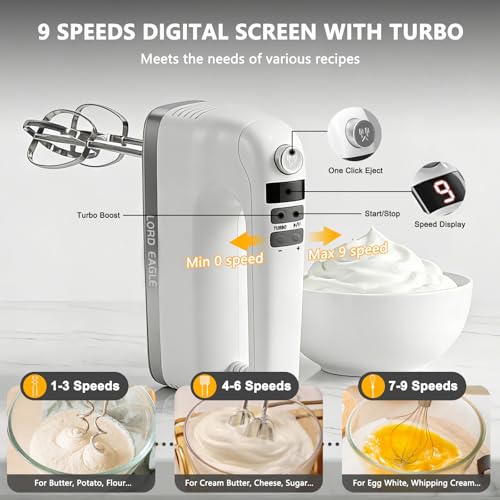 White 9-Speed Digital Hand Mixer 500W Quiet Electric Handheld Kitchen Appliance