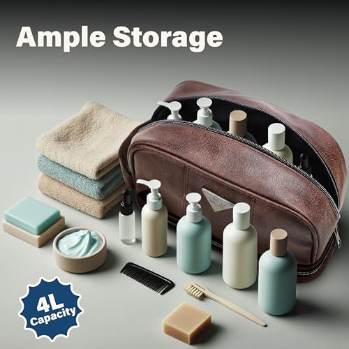 Emissary Leather Travel Toiletry Bag for Men - Brown Waterproof Dopp Kit