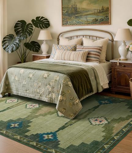 Green Washable Mid Century Modern Area Rug 6x9 Feet for Living Room - Southwestern Pattern