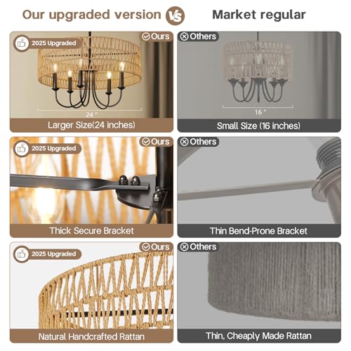 24 Inch Farmhouse Rattan Chandelier - Hand-Woven Boho Pendant Light with Black Metal Frame - Rustic Ceiling Light for Dining & Living Room - Variation B