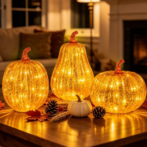 Gold Mercury Glass Pumpkin Lights - 3PCS Halloween Fall Decor with Timer