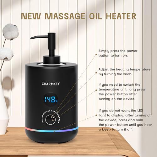 CHARMKEY Massage Oil Warmer Black, 2 Oil Bottle Dispensers & 2 Silicone Funnels, Digital Heater for SPA, Oil Lotion Cream for Salon, Barber Shops, Home