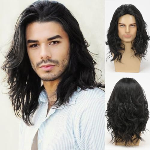 Men's Black Long Curly Synthetic Wig for Costume & Party