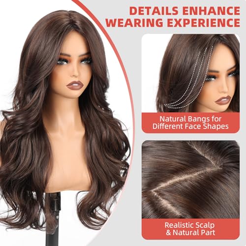Brown Wigs for Women - 22 Inch Curly Synthetic Hair with Realistic Scalp & Free Parting