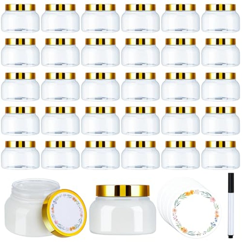 32 Pack 8 oz Plastic Tuscany Jars with Gold Lids, Body Butter Jars Clear Empty Refillable Round Cosmetic Containers with Labels Marker Pens for Creams, Lotions,Sugar Scrubs,Candy,Bath Salt