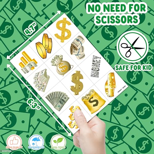 96 PCS Fun Money Pre-Cut Temporary Tattoos for Kids Theme Birthday Party Decorations Supplies Favors Decor, Cute Money Jar Stickers Tattoo Gifts for Boys Girls School Prizes Carnival
