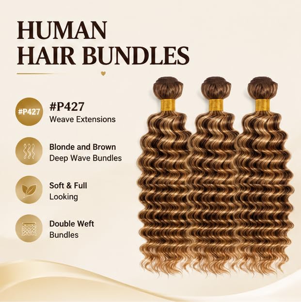 P4/27 Ombre Brown Deep Wave Human Hair Bundles 10-14 Inch - Brazilian Virgin Hair