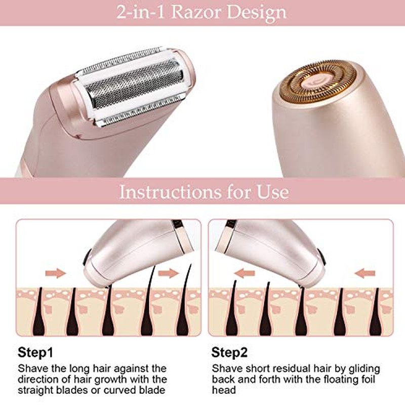 Electric Razors for Women - Painless 2-in-1 Shaver for Women Hair Remover for Face, Legs and Underarm Wet & Dry, Portable Bikini Trimmer, Lady Hair Removal with 2 Trimmer Heads- Micro USB Recharge