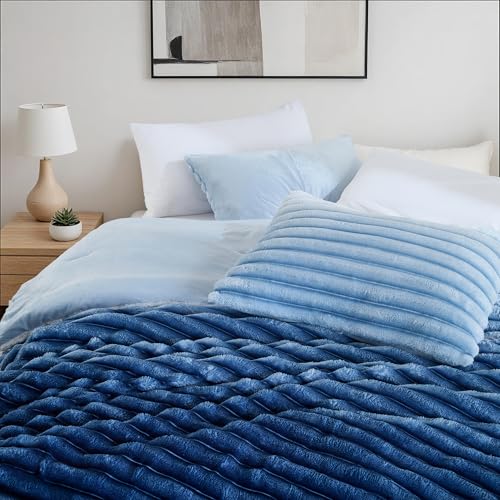 Queen Size Blue Ombre Ribbed Fluffy Comforter Set - Cozy Bed Bedding