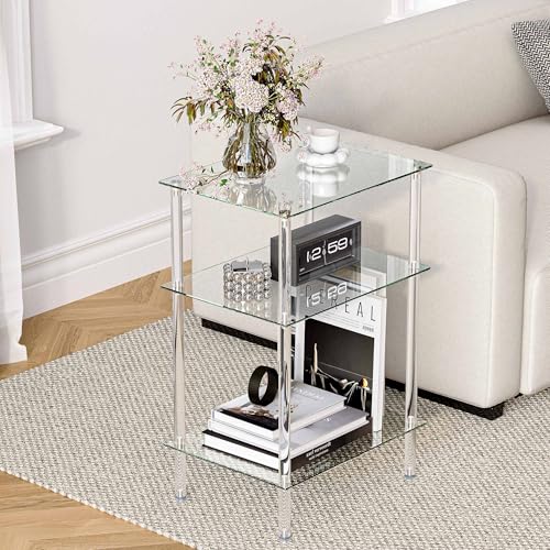 Transparent 3-Tier Tempered Glass Side Tables Set of 2 - Modern Acrylic End Tables