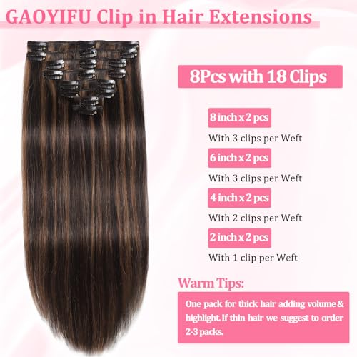 GAOYIFU Clip in Hair Extensions Dark Brown to Chestnut Brown 18 Inch - Real Human Hair, Versatile & Tangle-Free