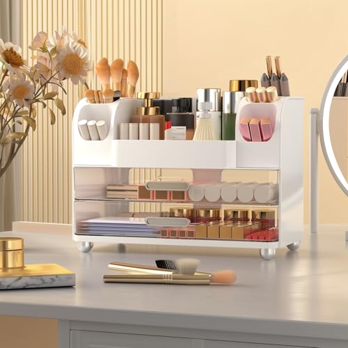 Makeup Organizer Countertop with 2 Large Drawers, Vanity Organizer with Brush Holder, Skin Care Storage for Dresser, Perfume Organizer for Lotion, Lipsitck, Palette(White)