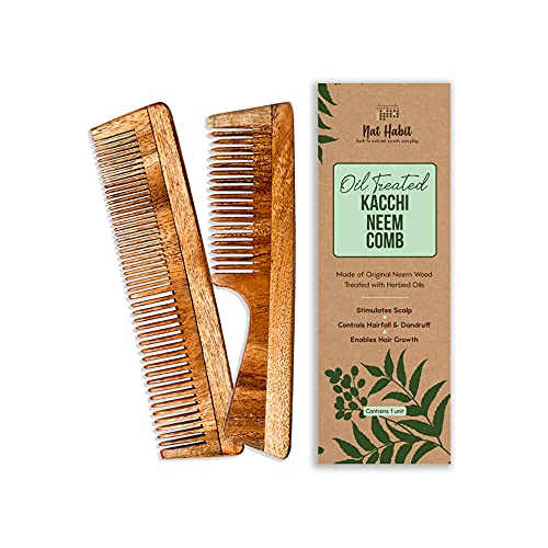 Nat Habit Back To Natural Kacchi Neem Wooden Comb - Dual Combo, 18-20cm, Frizz & Hairfall Control