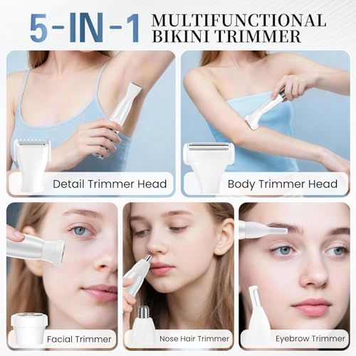 5 in 1 Bikini Trimmer for Women - Electric Razors for Women, Cordless Rechargeable Electric Shaver, IPX7 Waterproof Wet Dry Lady Body Hair Remover for Face Nose Eyebrow Arm Leg Pubic Armpit Bikini