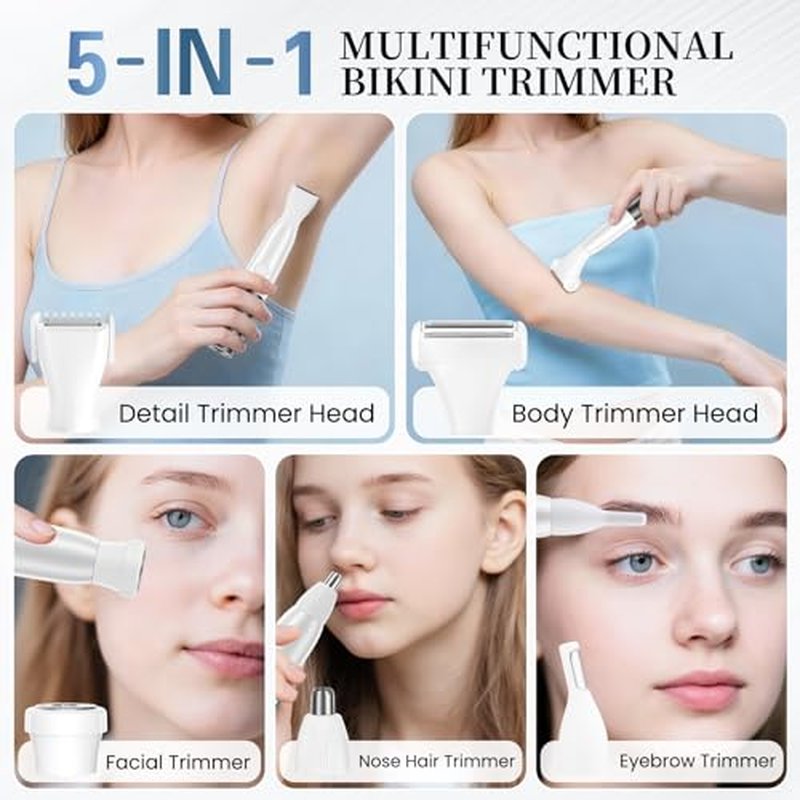 5 in 1 Bikini Trimmer for Women - Electric Razors for Women, Cordless Rechargeable Electric Shaver, IPX7 Waterproof Wet Dry Lady Body Hair Remover for Face Nose Eyebrow Arm Leg Pubic Armpit Bikini