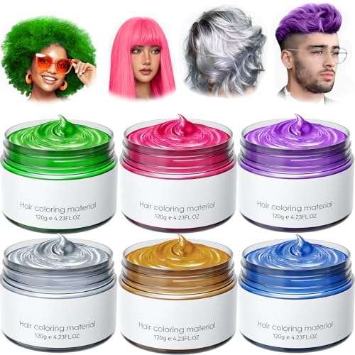 6 Colors Temporary Hair Dye,Temporary Hair Color Wax,Natural Washable Hair Dye Temp Hair Color for Women Men Kids Party Cosplay Halloween