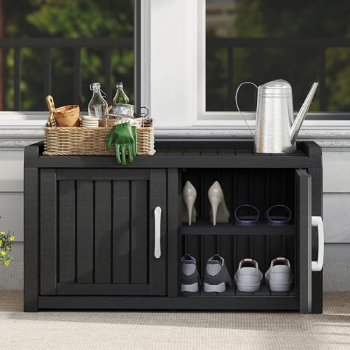 Outdoor Waterproof Shoe Storage Bench - Double Door, Midnight Black