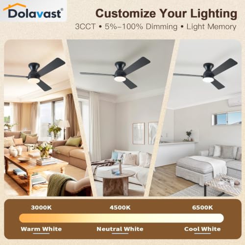 48-Inch Black Reversible Ceiling Fan with Lights & Remote Control - Low Profile Flush Mount, Dimmable LED, Quiet Operation