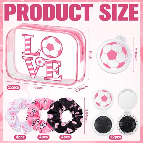 Pink Soccer Gift Set for Women Includes Makeup Bags, Hair Scrunchies & Brushes – Soccer Theme Party Favors (Pink / Soccer)