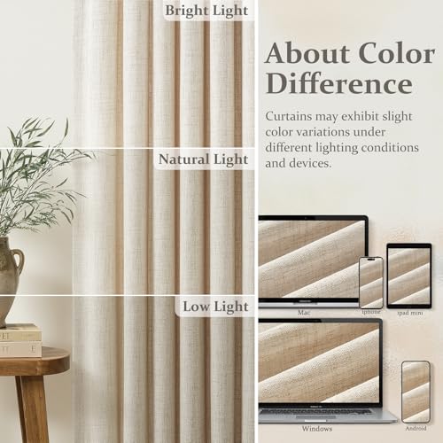 Natural Pinch Pleated Linen Curtains 96 Inches Long - Set of 4, Light Filtering, Rustic Sheer Drapes, Back Tab Design