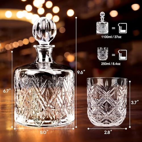 1917 Lead-Free Crystal Whiskey Decanter Set 37.2 oz with 4 Glasses and Gift Box