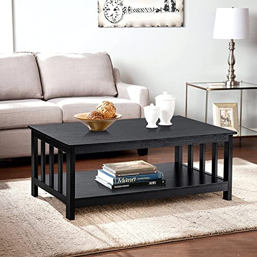 Mission Style Coffee Table with Shelf - Black Wood Living Room Table 22"D x 39.9"W x 18.1"H