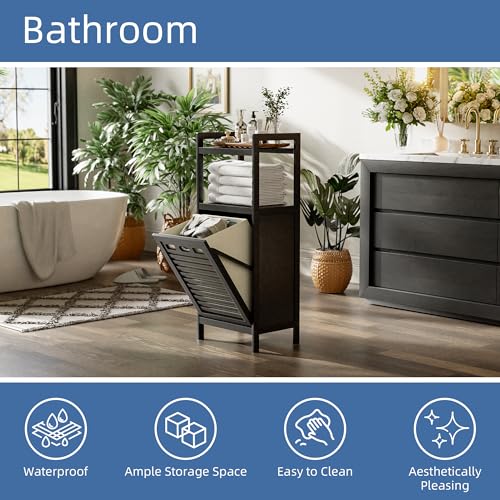 Tilt Out Laundry Hamper Cabinet - Bamboo Bathroom Storage with Removable Bag & Shelves - Black