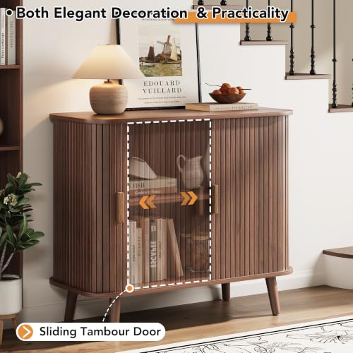 OneBlis Walnut 31.5-Inch Fluted Sideboard Buffet with Sliding Tambour Door