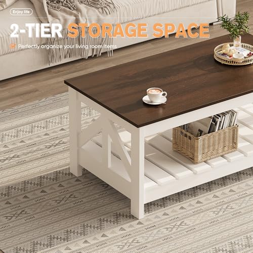 YESHOMY Farmhouse Coffee Table with Storage - Brown & White Rectangular