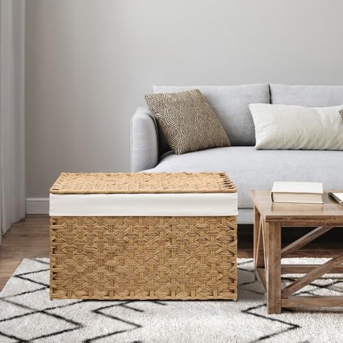 Large Wicker Storage Basket with Lid - 200L Natural Handwoven Organization Bin (31.5x19.7x19.7 Inches)