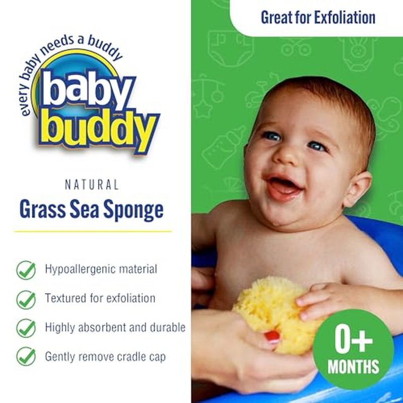 Baby Buddy Natural Baby Bath Sponge 4in Soft Grass Sea Sponge, Soft on Baby's Tender Skin, Biodegradable, Hypoallergenic, Absorbent Natural Sea Sponge, 2 Pack, Yellow