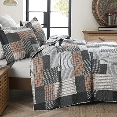 Queen 3-Piece Cotton Patchwork Quilt Set with Reversible Plaid Design - All-Season Bedding, Grey/Black/Brown/White, 90x98 inches