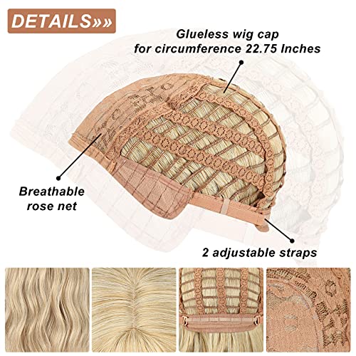 Blonde Wave Short Bob Wig with Air Bangs - Curly Wavy Shoulder Length Cosplay Hair - Mix Blonde and Gold - Variation of THIS listing
