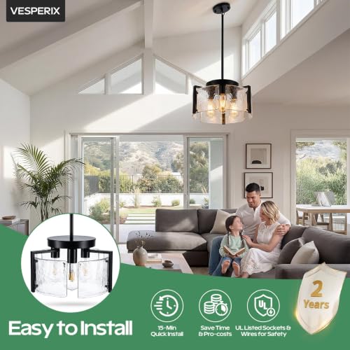 Black 14-Inch 2-in-1 Convertible Pendant & Flush Mount Chandelier - Modern Farmhouse Lighting Fixture for Dining Room, Kitchen, Entryway
