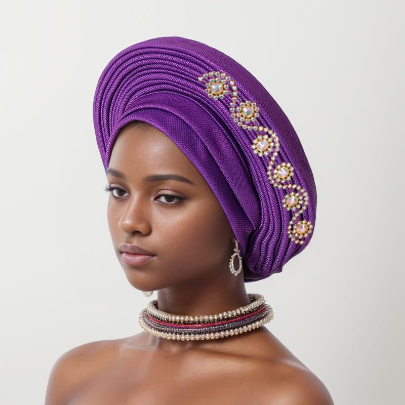 Golden Nigerian Headwrap with Stones - Auto Gele Turban for Party & Wedding