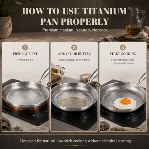 12-In Titanium Frying Pan with Lid - Hammered Alloy Skillet, Non-Stick, Oven Safe